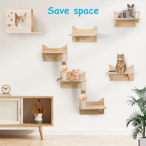 9-Piece Wall-Mounted Cat Shelves Set with 2 Sisal Scratching Posts A8967