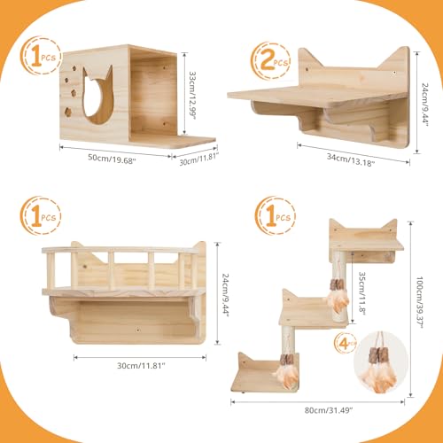 9-Piece Wall-Mounted Cat Shelves Set with 2 Sisal Scratching Posts A8967