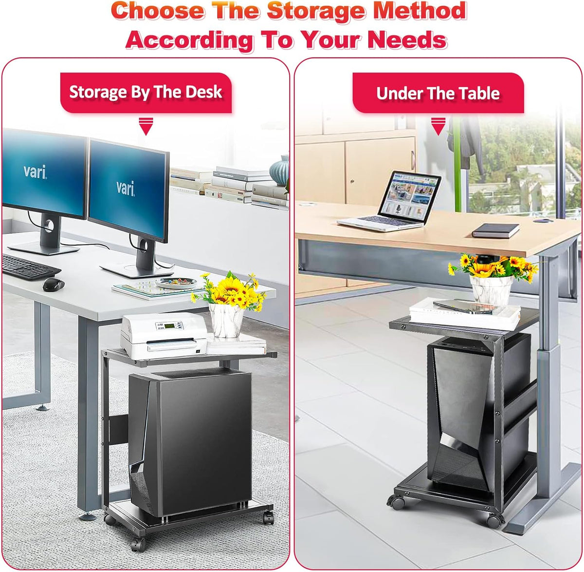 2-Tier Metal PC Stand with Locking Caster Wheels G4524