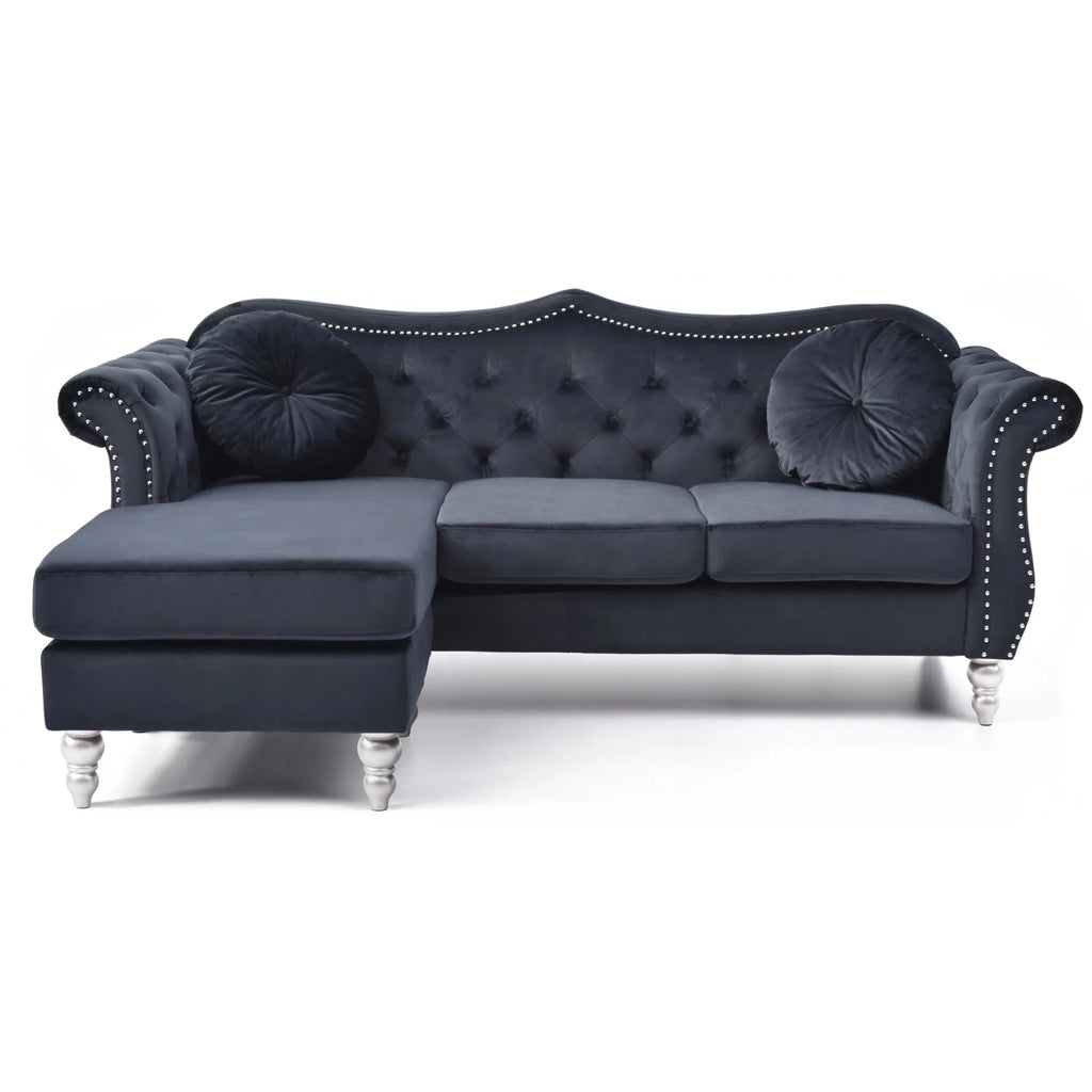 Black Velvet Chesterfield Sectional Sofa with 2-Throw Pillow Y505