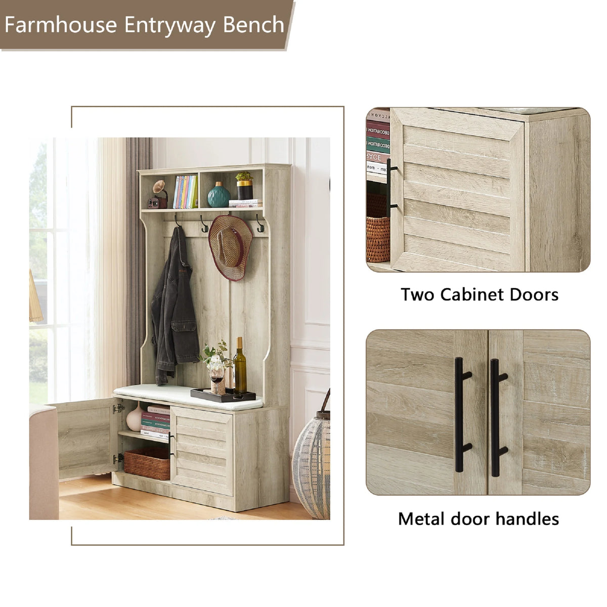 White Oak Entryway Bench with Coat Hooks and Storage Bench N94143