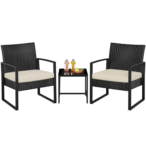 3 Pieces Rattan Bistro Set with Tempered Glass Coffee Table M120
