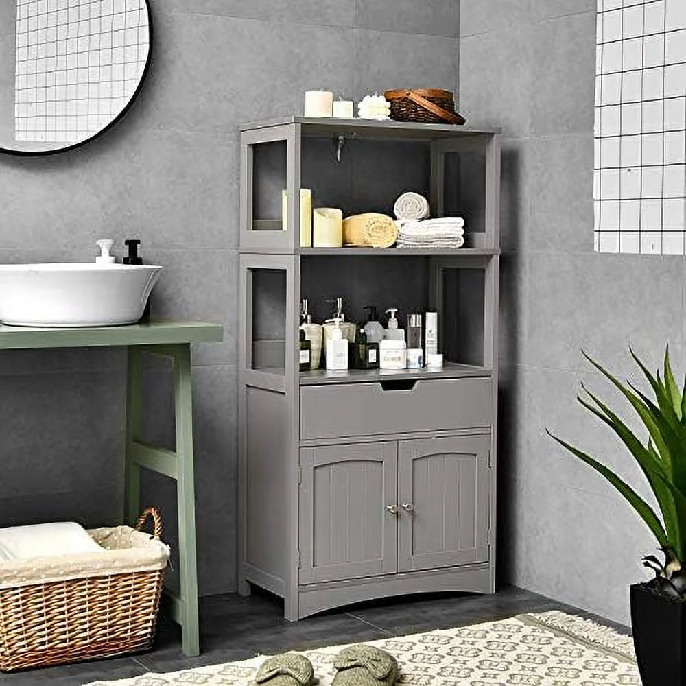 Bathroom Floor Cabinet with Drawer 2 Open Shelves and Door Cupboard Grey 24 x 13 x 48 inch Q73988