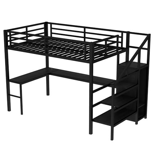 Black Full Loft Bed with L-shaped Desk, USB, Wardrobe & Stairs Q95316