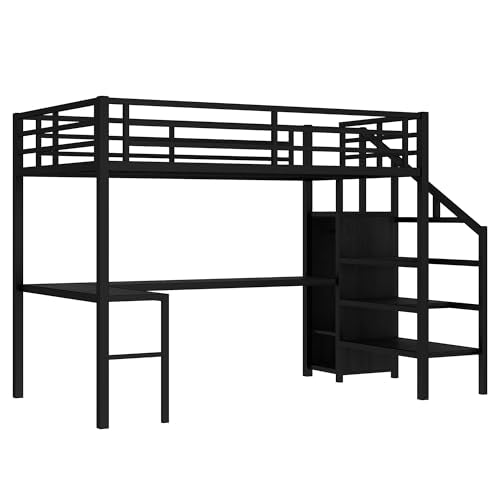 Black Full Loft Bed with L-shaped Desk, USB, Wardrobe & Stairs Q95316