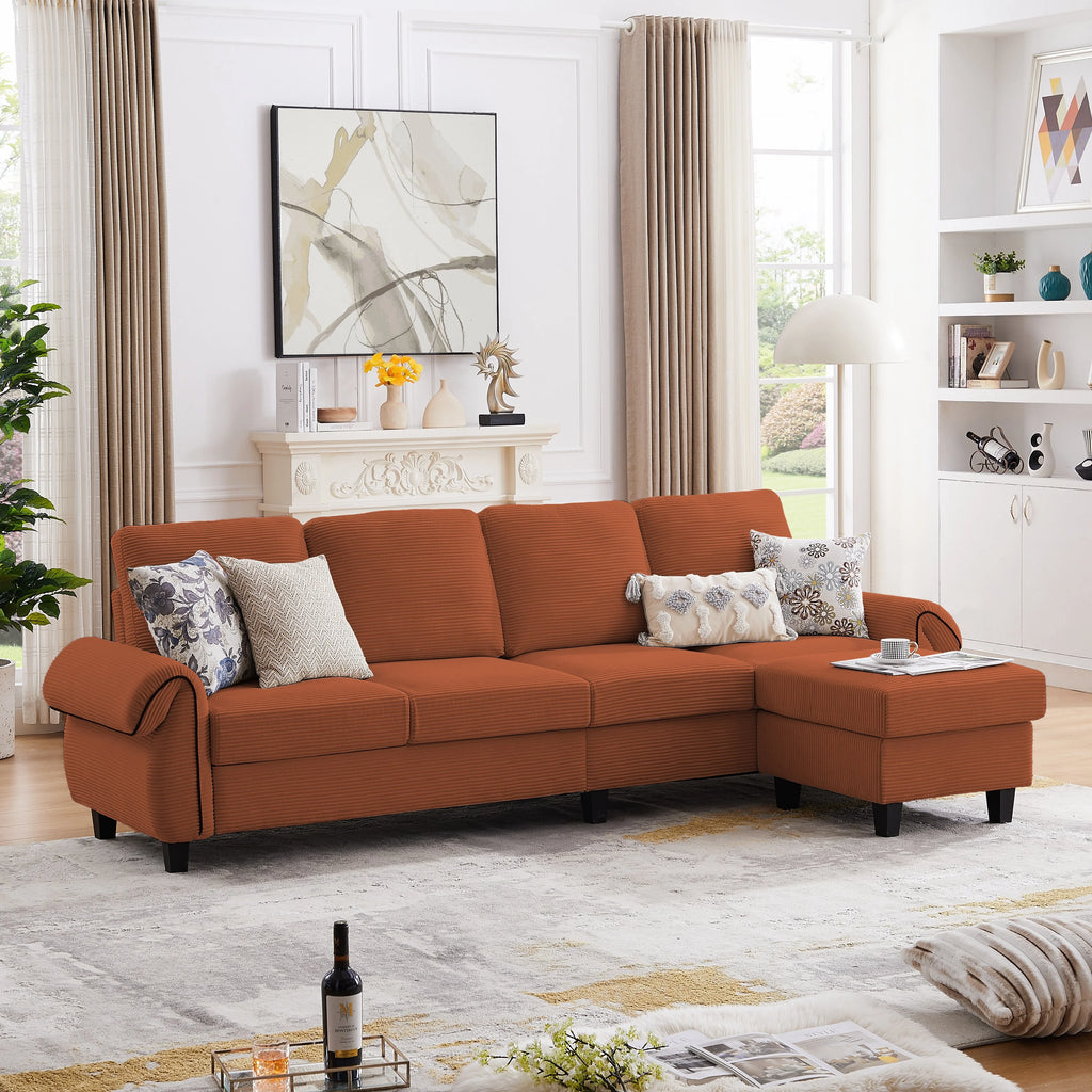 Grey Corduroy L Shaped Sectional Sofa with Reversible Ottoman C8299