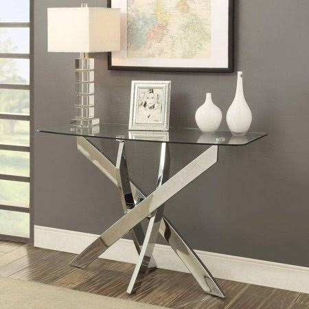 Tempered Glass Top Chrome Sofa Table with Criss Cross Metal Base L1277