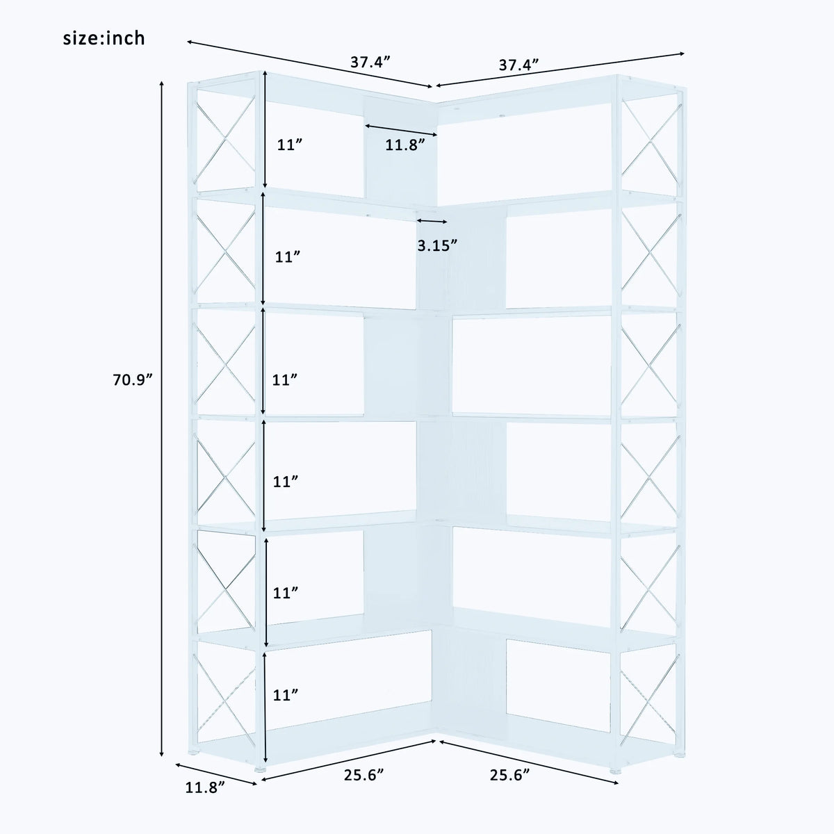 L-Shaped 7-Tier Bookshelf with Metal Frame O708354