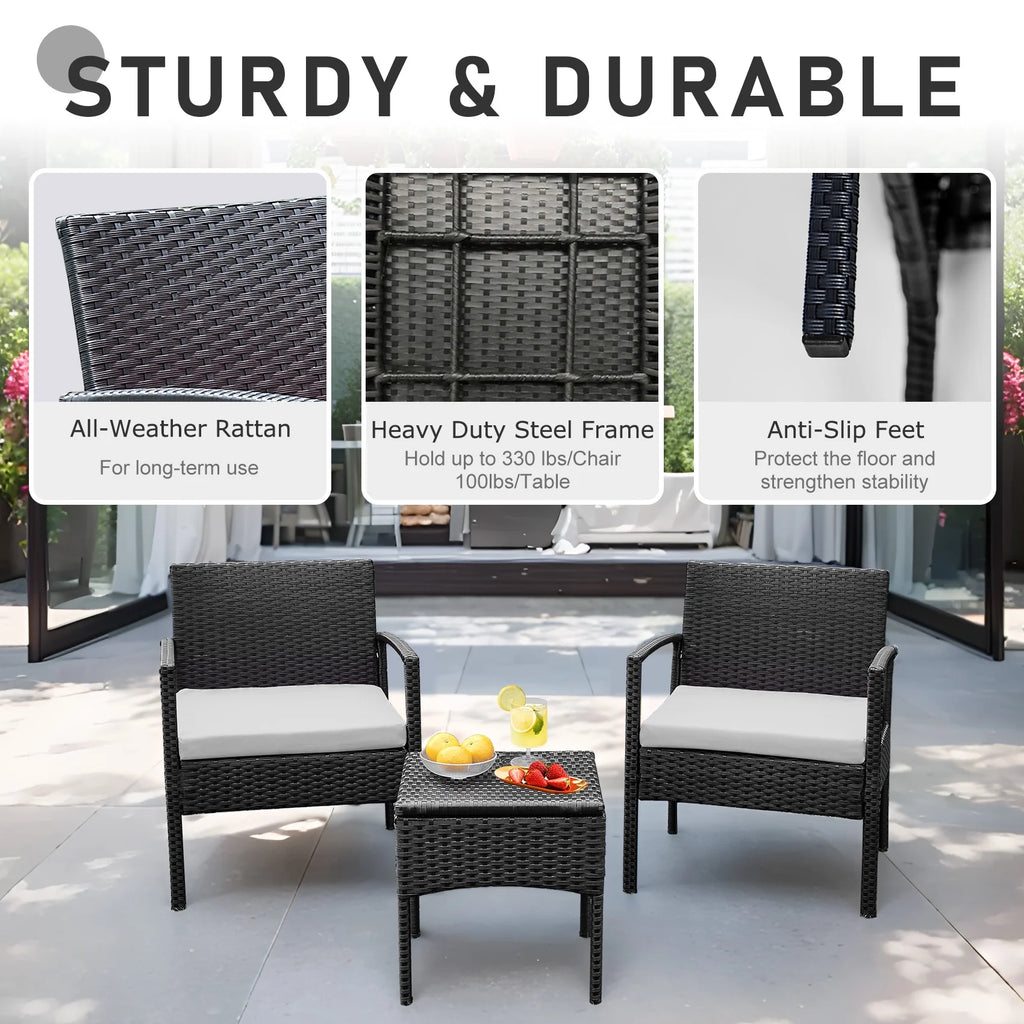 3 Piece Rattan Bistro Set with Side Table and Cushions N942099