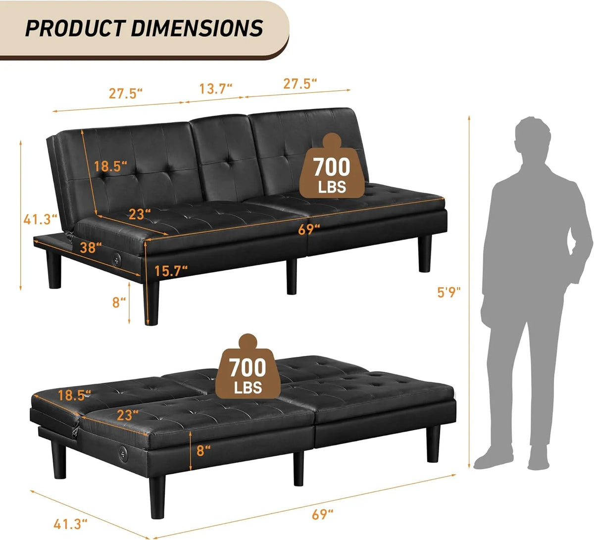 Faux Leather Futon Convertible Sofa Bed with USB & 2 Cupholders Y23106