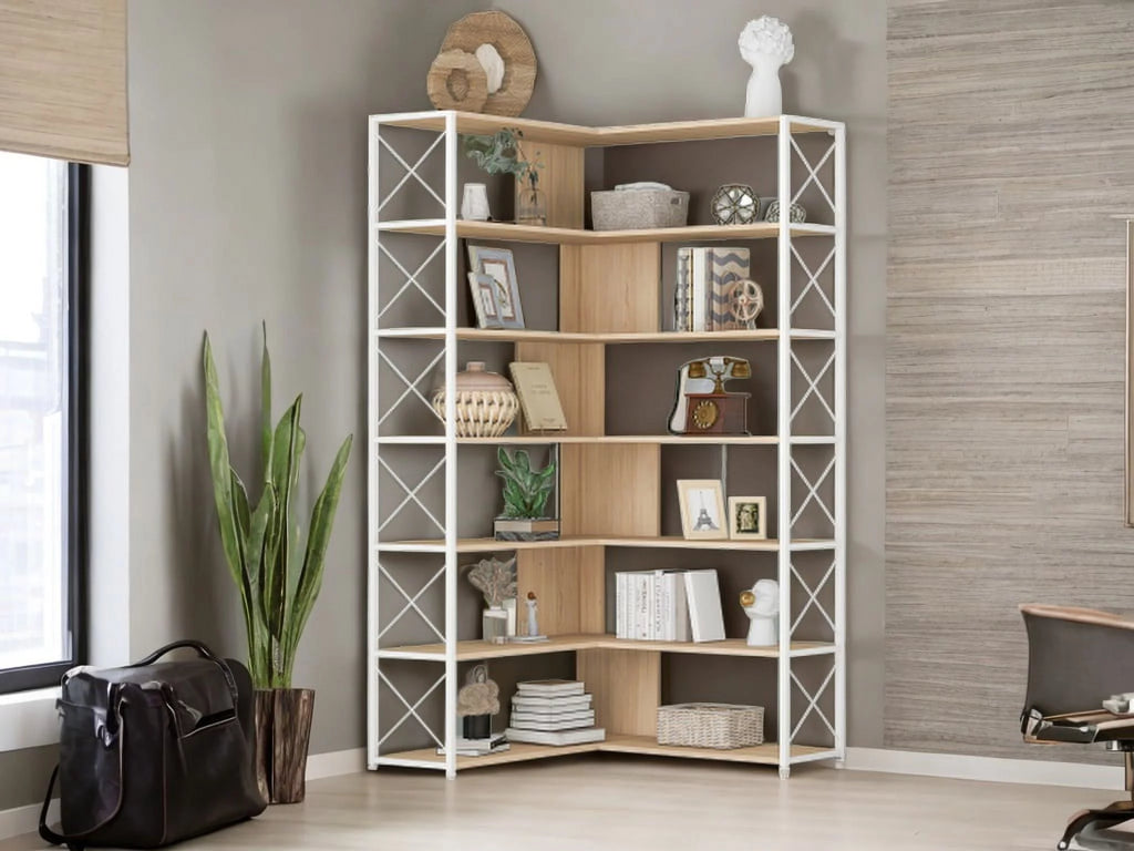 L-Shaped 7-Tier Bookshelf with Metal Frame O708354