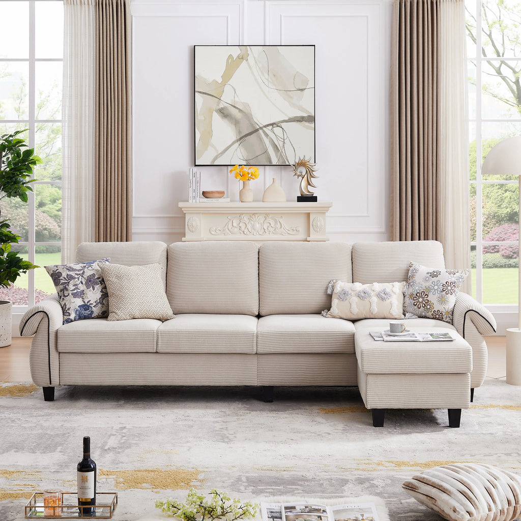 Grey Corduroy L Shaped Sectional Sofa with Reversible Ottoman C8299