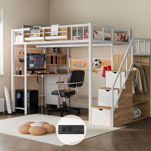 Full Size Metal Loft Bed with Desk and Stairs P732120