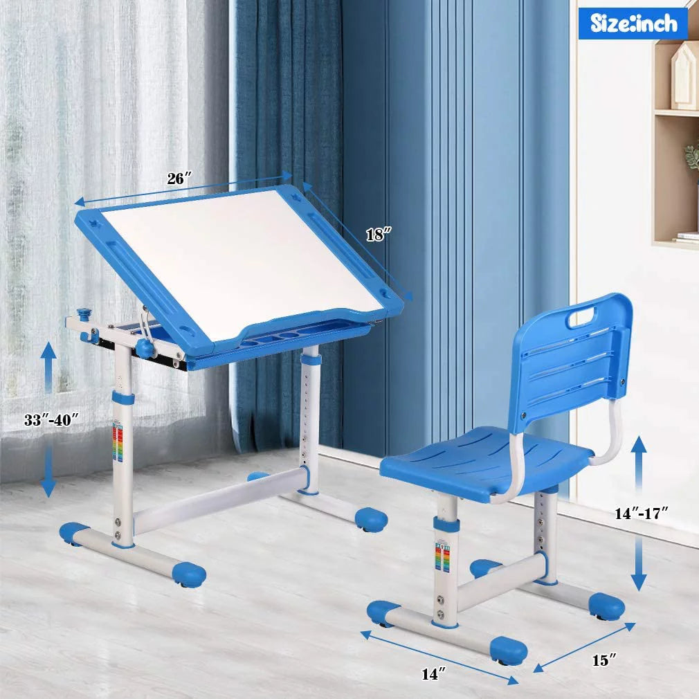 Kids Desk and Chair Set with Tilt Desktop, Height Adjustable, Storage Drawers, Blue M9875