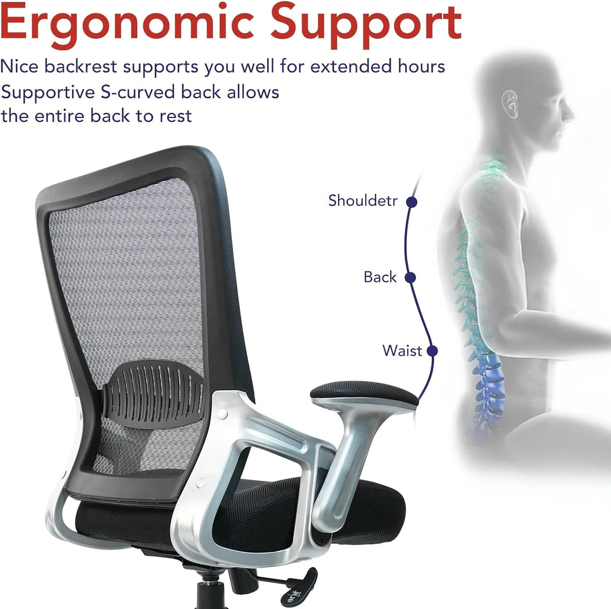 Ergonomic Mesh Office Chair with Adjustable Lumbar Support and Flip-up Arms O135