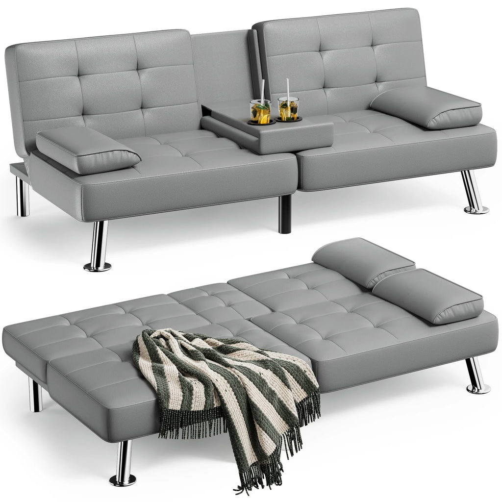 Grey Faux Leather Foldable Futon Sofa Bed with Removable Armrests J9320