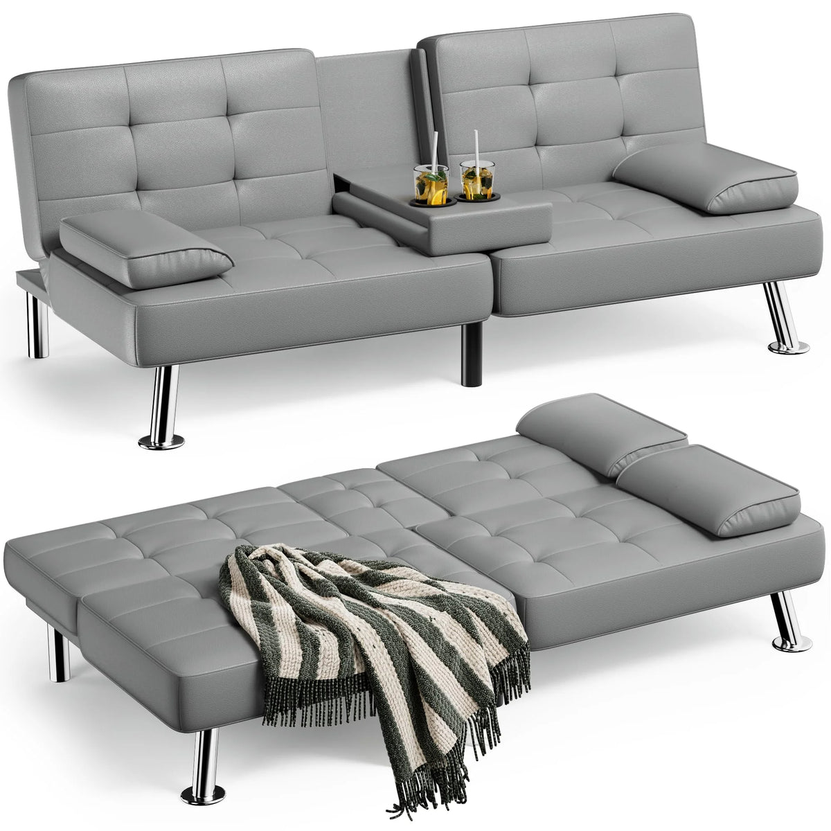 Grey Faux Leather Foldable Futon Sofa Bed with Removable Armrests J9320