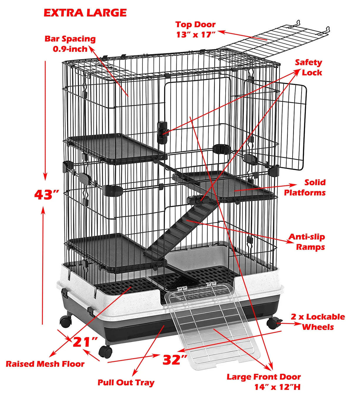 X-Large 43” 4-Story Indoor/Outdoor Rabbit Guinea Pig Hutch Cage with Washable Tray K8060