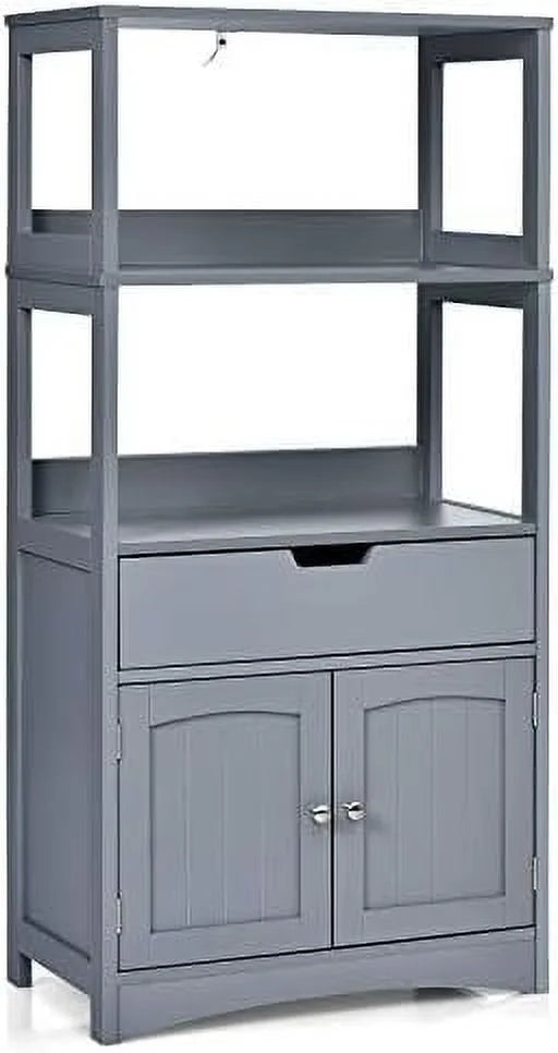 Bathroom Floor Cabinet with Drawer 2 Open Shelves and Door Cupboard Grey 24 x 13 x 48 inch Q73988