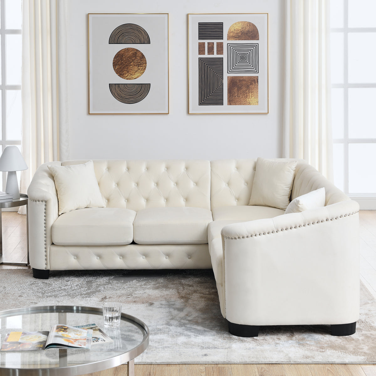 Beige Velvet 5-Seater Corner Sofa with 3 Cushions P505