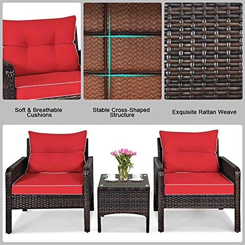 3 Piece Brown Rattan Patio Furniture Set with Cushions O38053