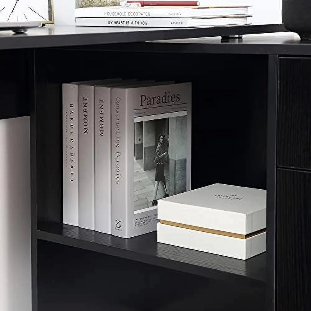 L Shaped Computer Desk with Shelves Drawer and Cabinet White M30665