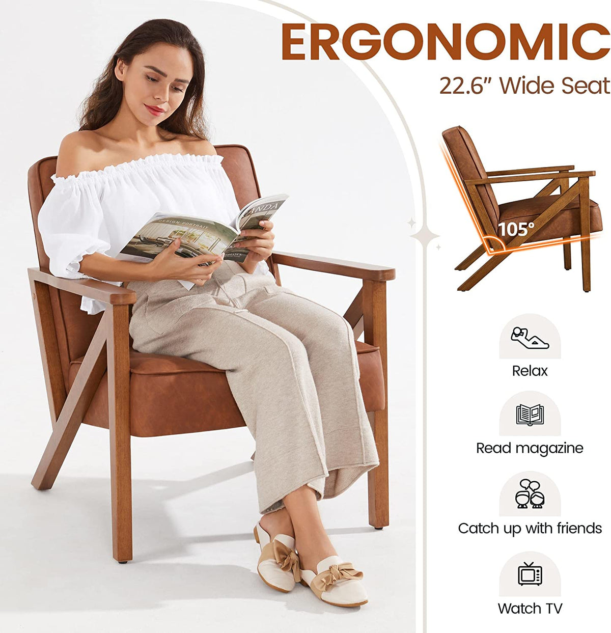 Light Brown PU Leather Armchair with Wood Frame G33641
