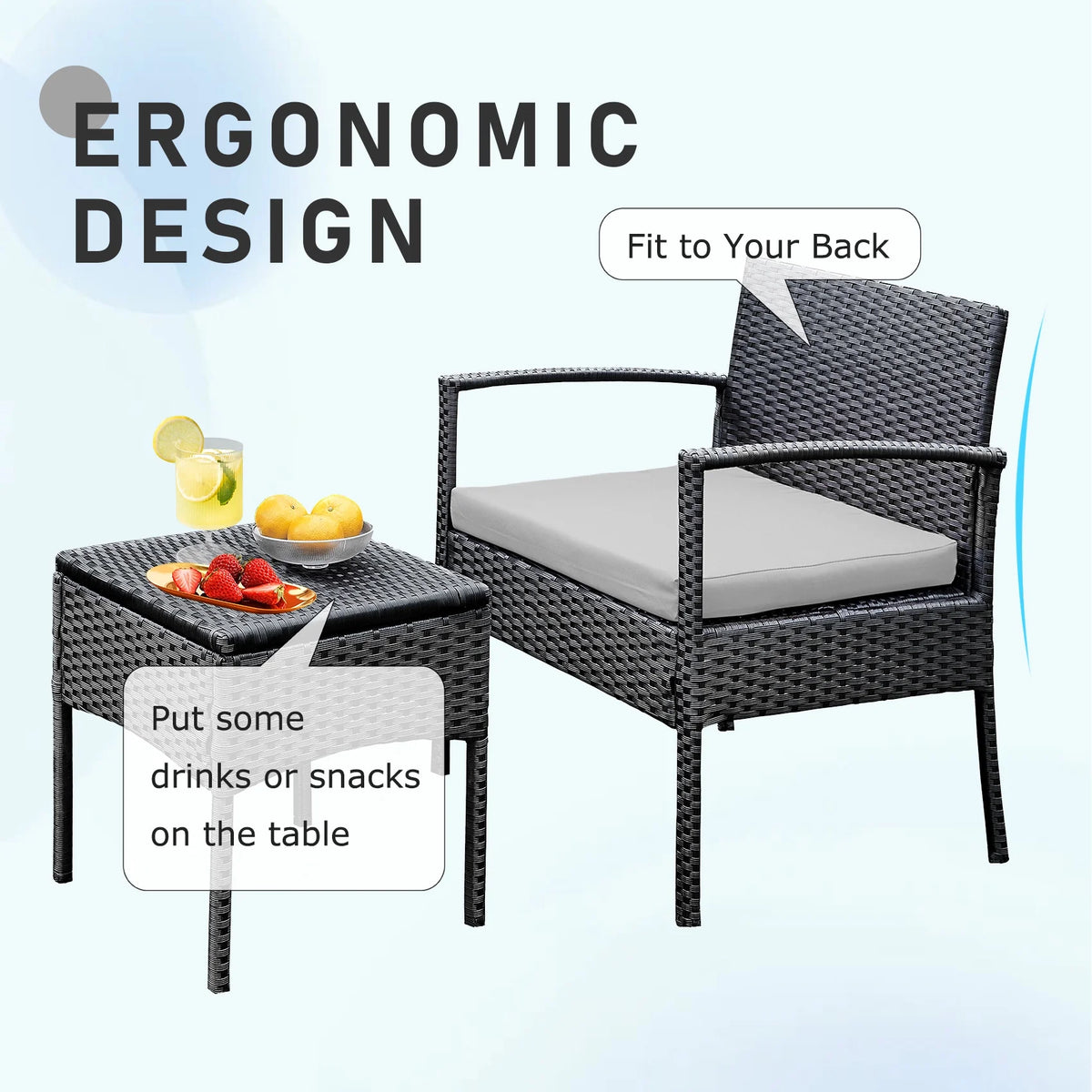 3 Piece Rattan Bistro Set with Side Table and Cushions N942099