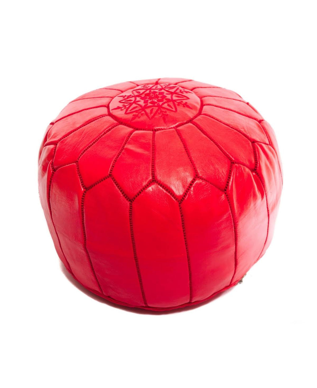Red Handmade Round Leather Pouf Ottoman Z493