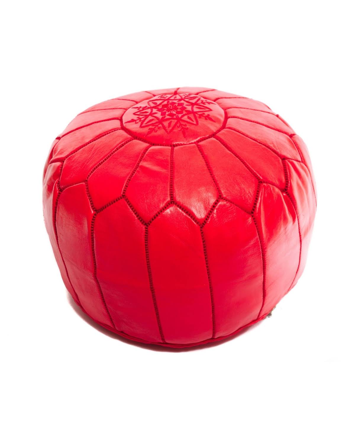 Red Handmade Round Leather Pouf Ottoman Z493