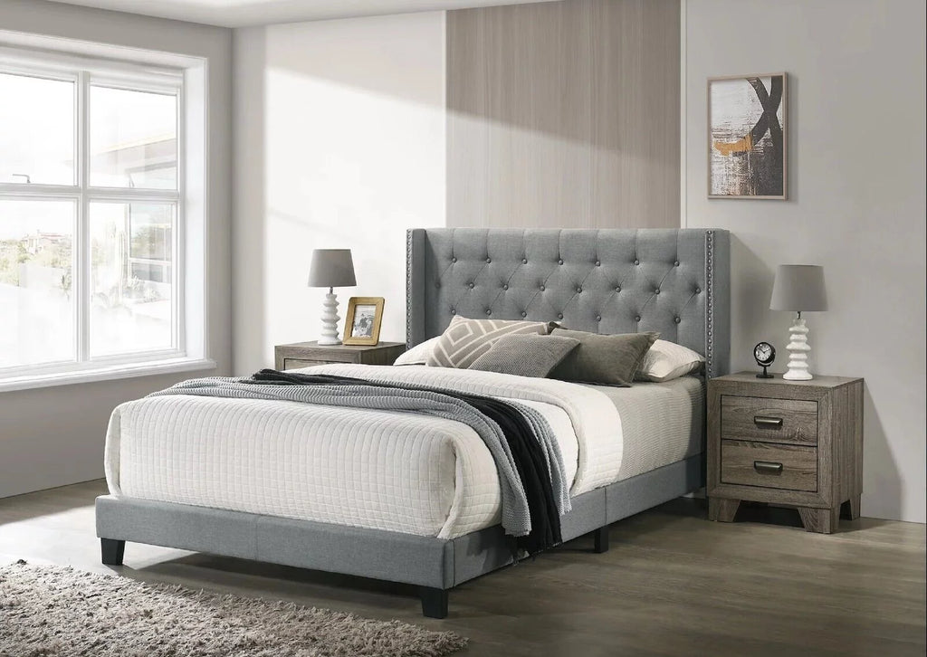 Gray Full Size Fabric Upholstered Panel Bed 2 Nightstand Set C409