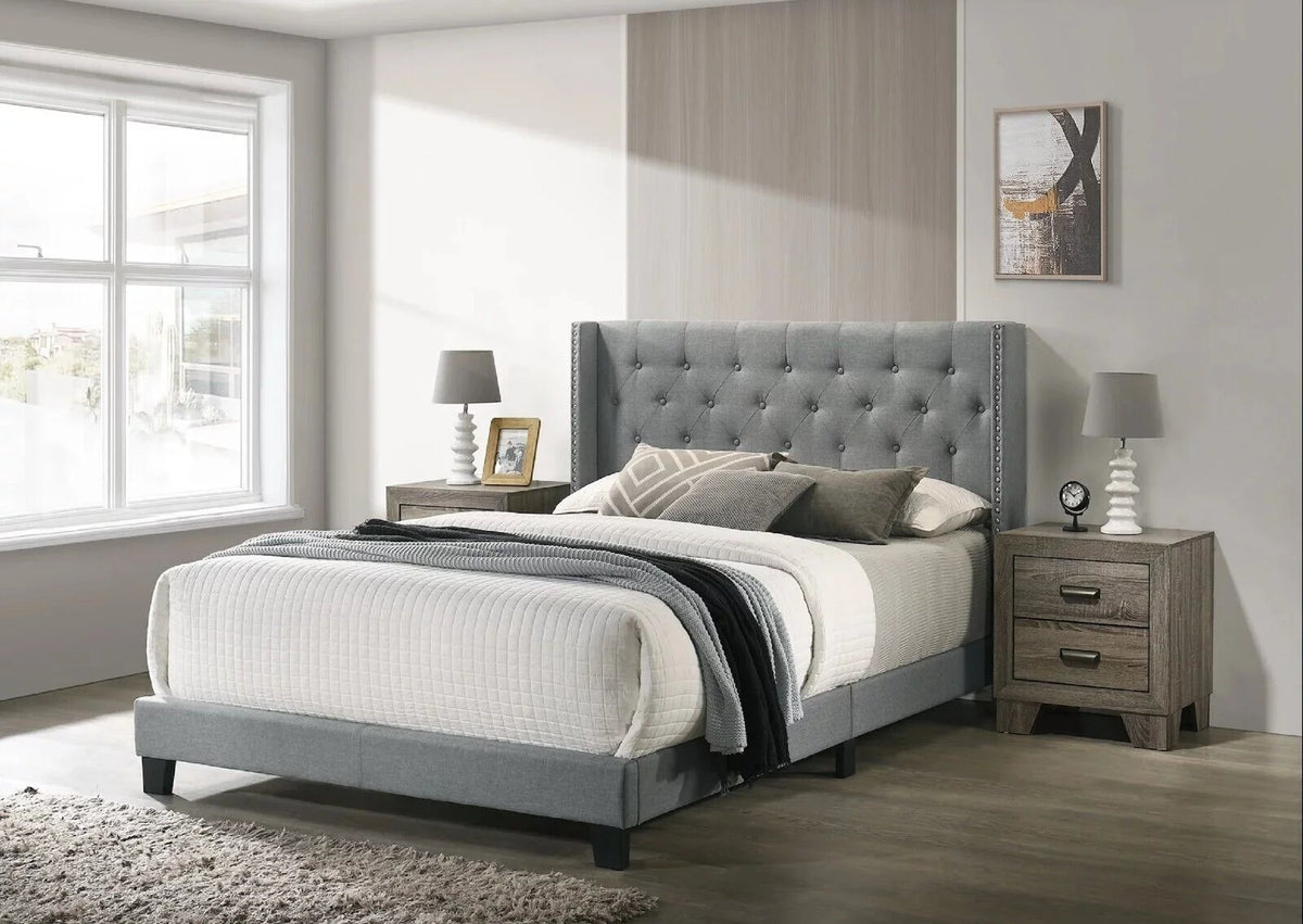 Gray Full Size Fabric Upholstered Panel Bed 2 Nightstand Set C409