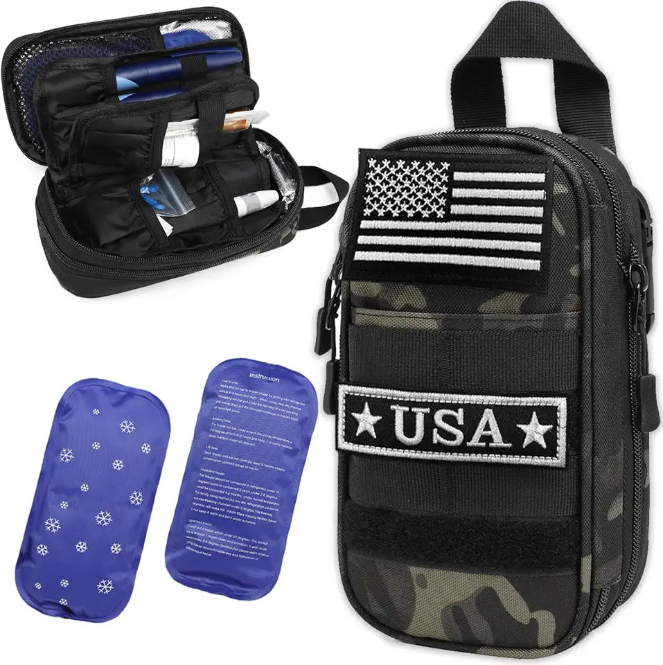 Black Camo Expandable Insulated Insulin Cooler Travel Case with 2 Ice Packs Q520