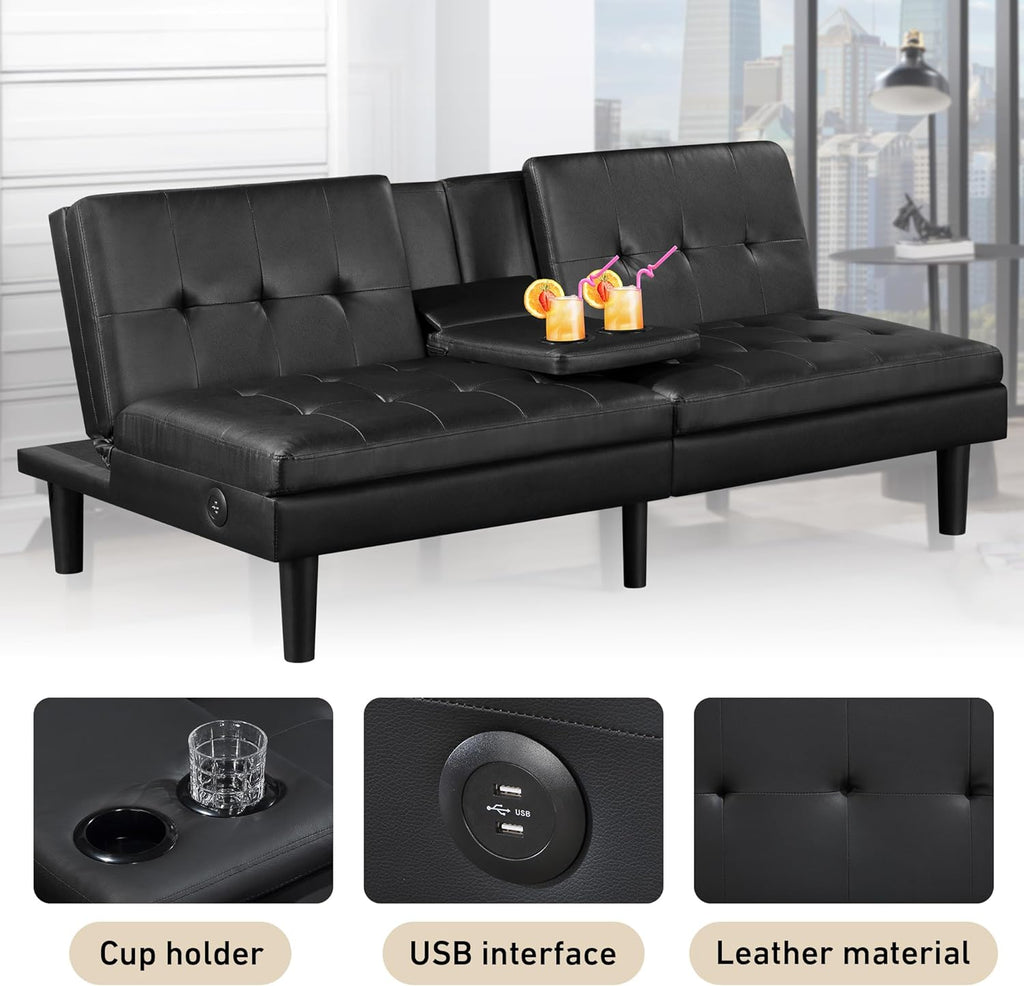Faux Leather Futon Convertible Sofa Bed with USB & 2 Cupholders Y23106