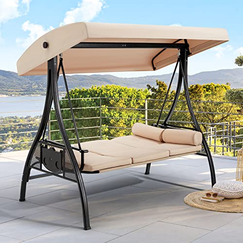 3 Person Outdoor Porch Swing with Cup Holder, Canopy, Cushions P673671