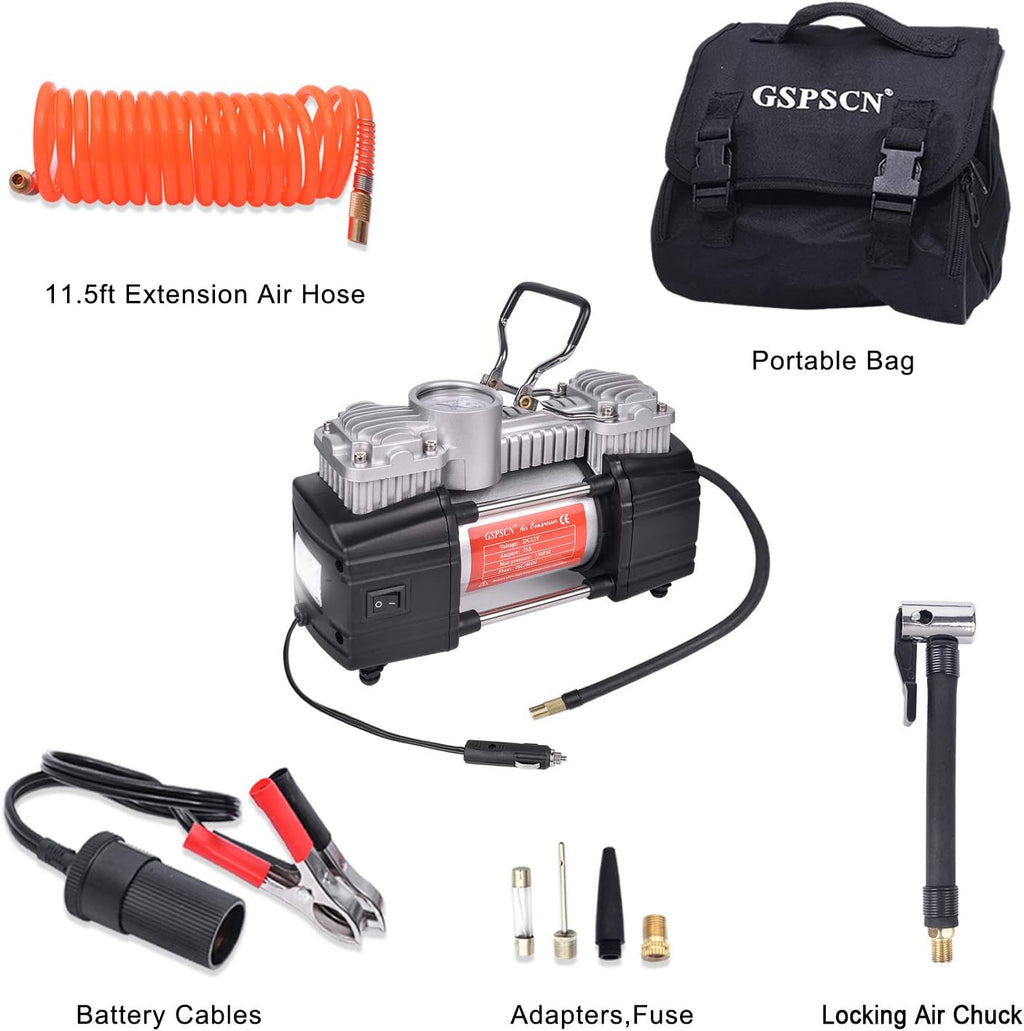 Portable Tire Inflator Double Cylinder Air Compressor Pump with LED Light, 150 PSI Metal Tire Pump with Locking Air Chuck Z9022