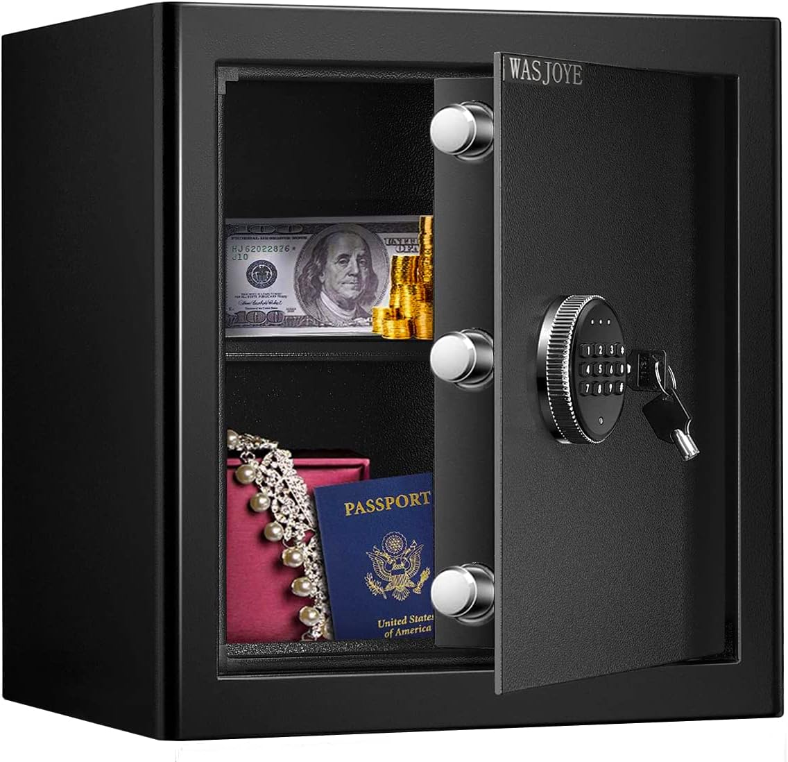 Security Safe Cash Box with Double Digital Keypad Key Lock (13.78 x 9.85 x 9.85 Inch) A517269