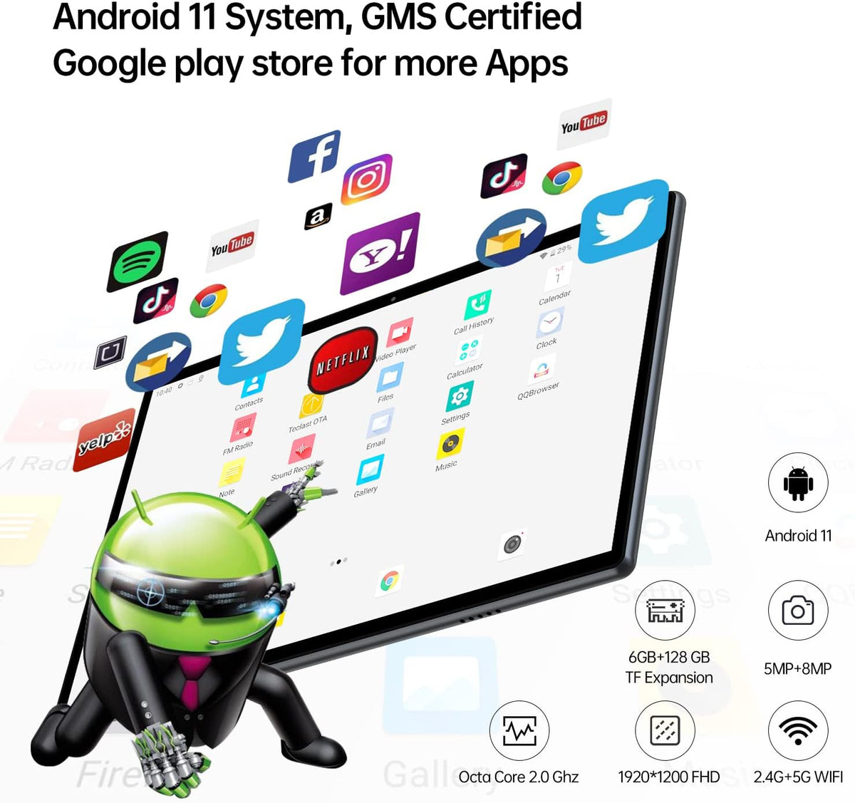 10 inch Android 11 Tablet, 6GB RAM 128GB ROM, Octa Core L4416