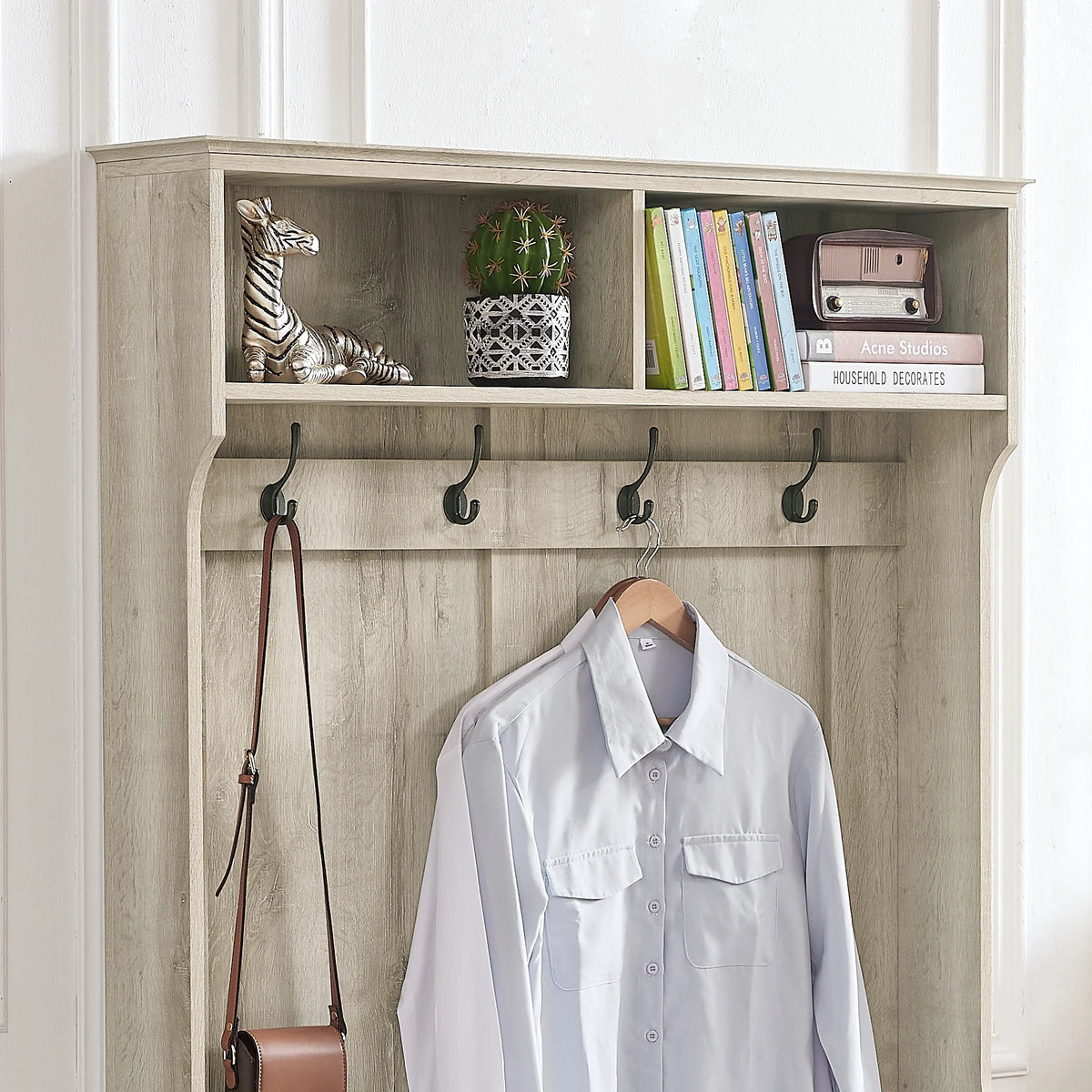 White Oak Entryway Bench with Coat Hooks and Storage Bench N94143