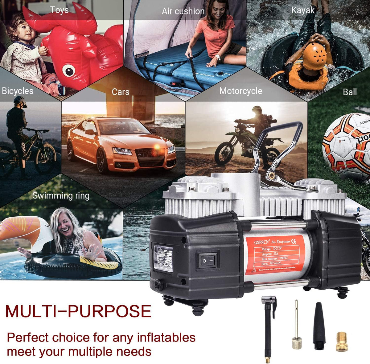 Portable Tire Inflator Double Cylinder Air Compressor Pump with LED Light, 150 PSI Metal Tire Pump with Locking Air Chuck Z9022