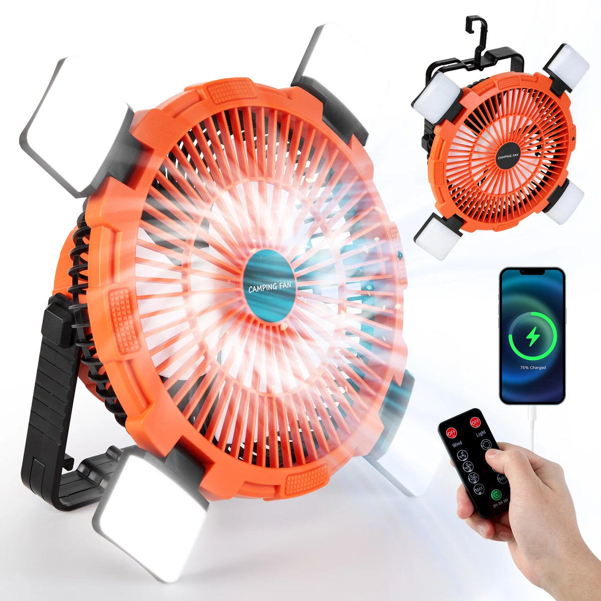 Portable Camping Fan with 4 LED Lantern, 9 inch 8000mAh USB Rechargeable Tent Fan with Remote N2953