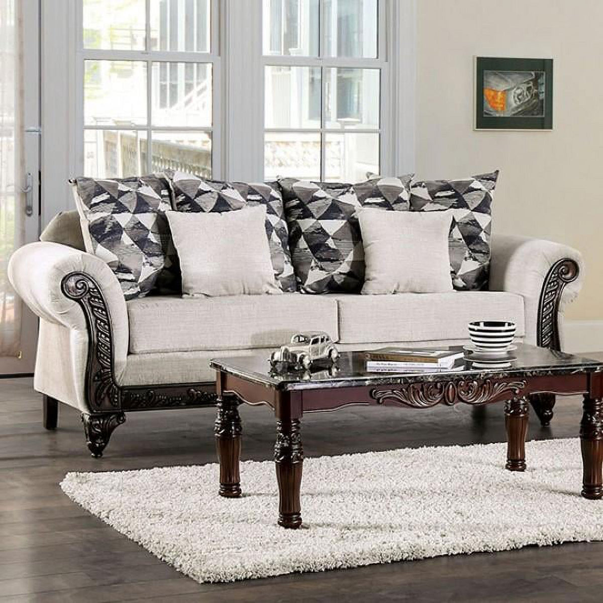 Walnut Light Gray Chenille Sofa and Loveseat Q89591