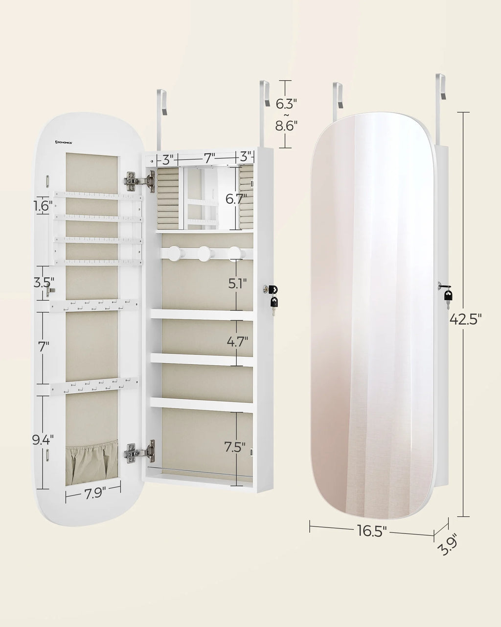 White Lockable Wall Mounted Jewelry Cabinet with Mirror I3129