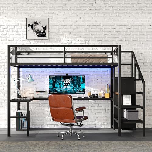 Black Full Loft Bed with L-shaped Desk, USB, Wardrobe & Stairs Q95316