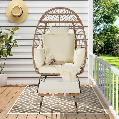 Oversized Wicker Rattan Egg Chair with Ottoman and Cushions W600997