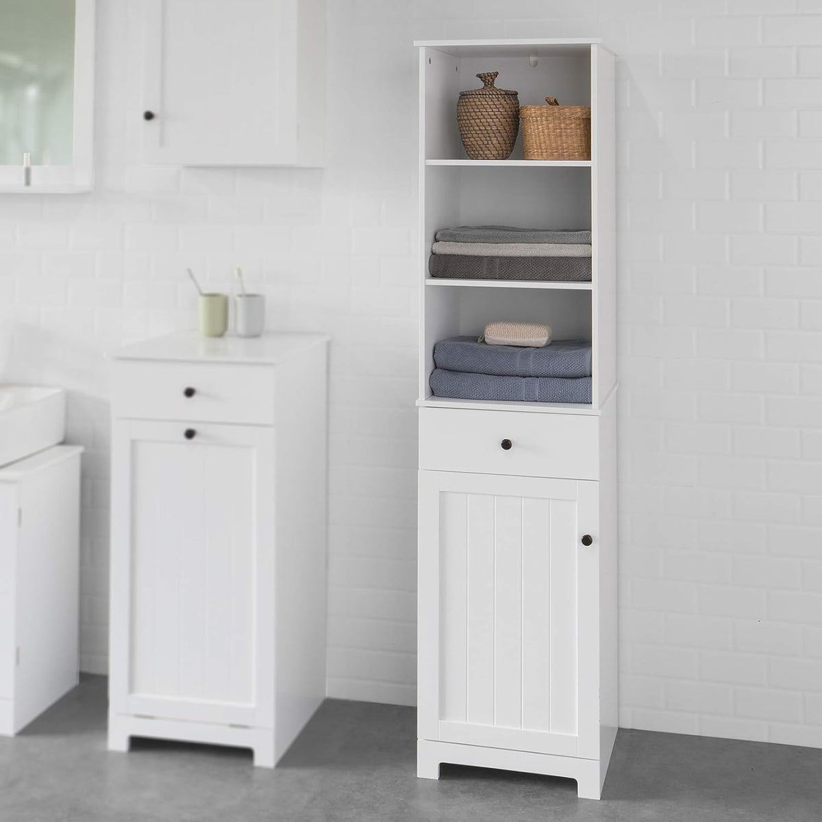 White Floor Standing Tall Bathroom Storage Cabinet with Shelves and Drawers C8028