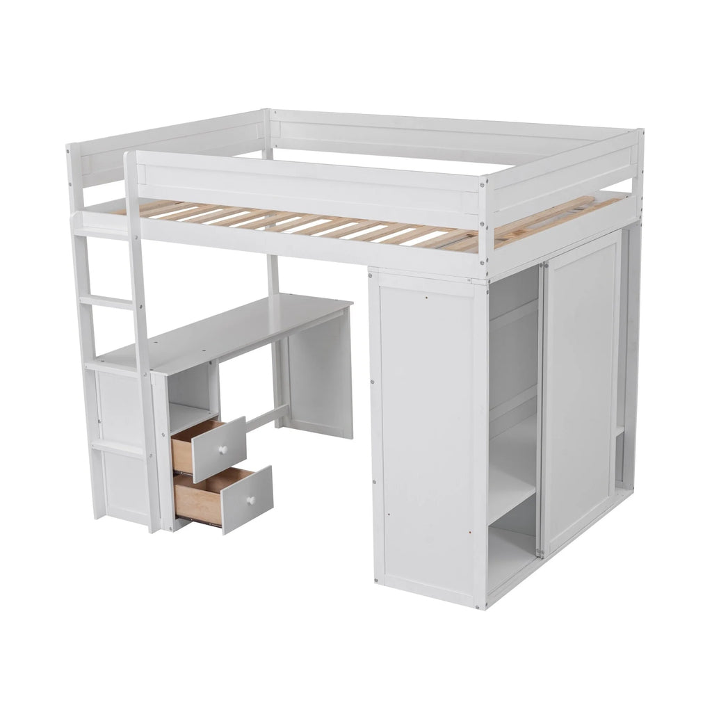 Solid Wood Loft Bed with Built-In Desk & Wardrobe White Full I3246