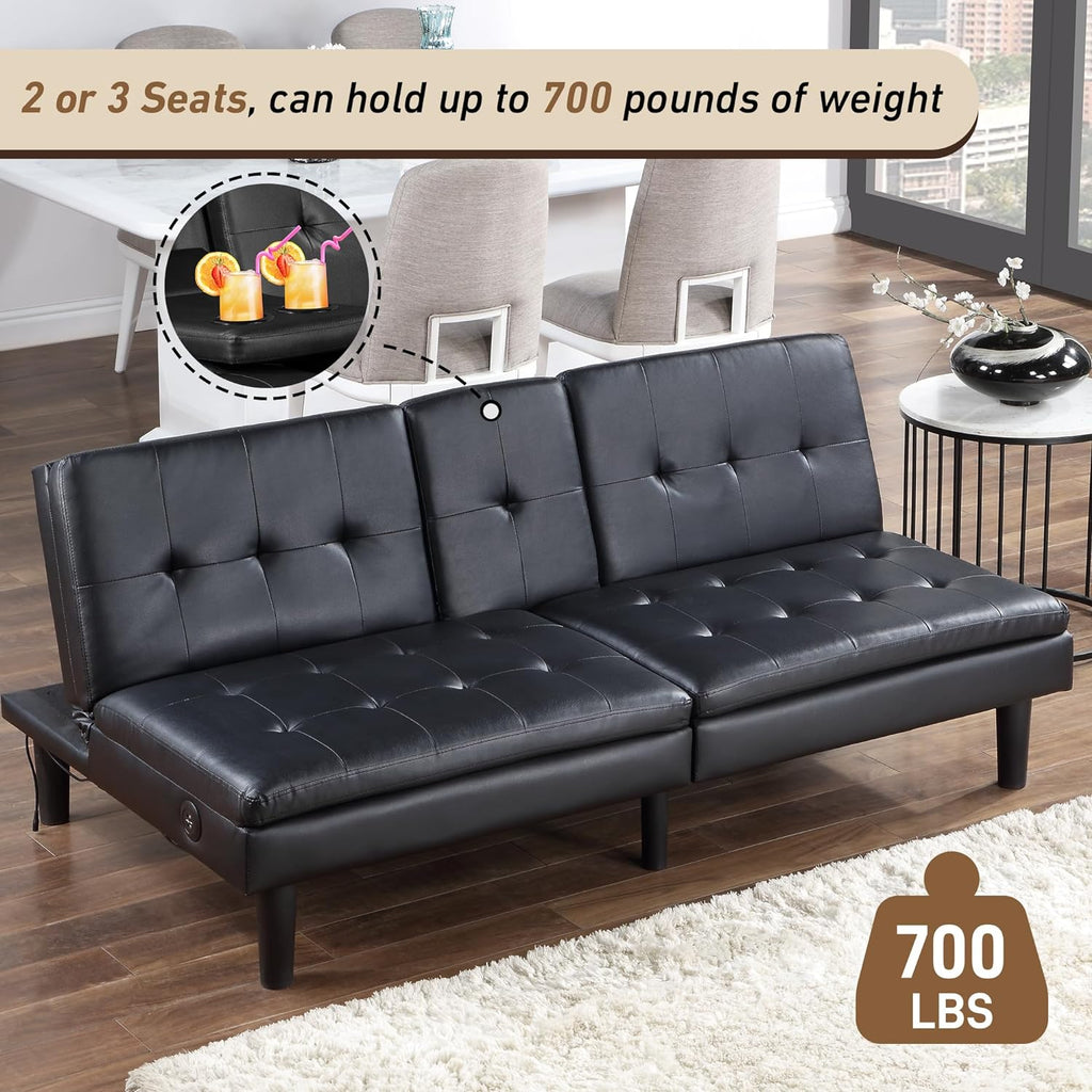 Faux Leather Futon Convertible Sofa Bed with USB & 2 Cupholders Y23106