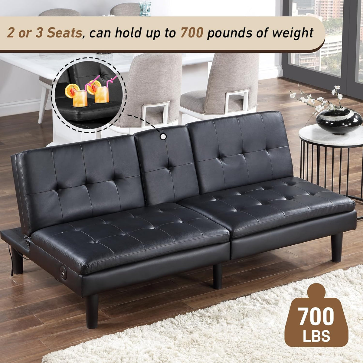 Faux Leather Futon Convertible Sofa Bed with USB & 2 Cupholders Y23106