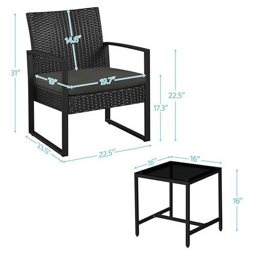 3 Pieces Rattan Bistro Set with Tempered Glass Coffee Table M120